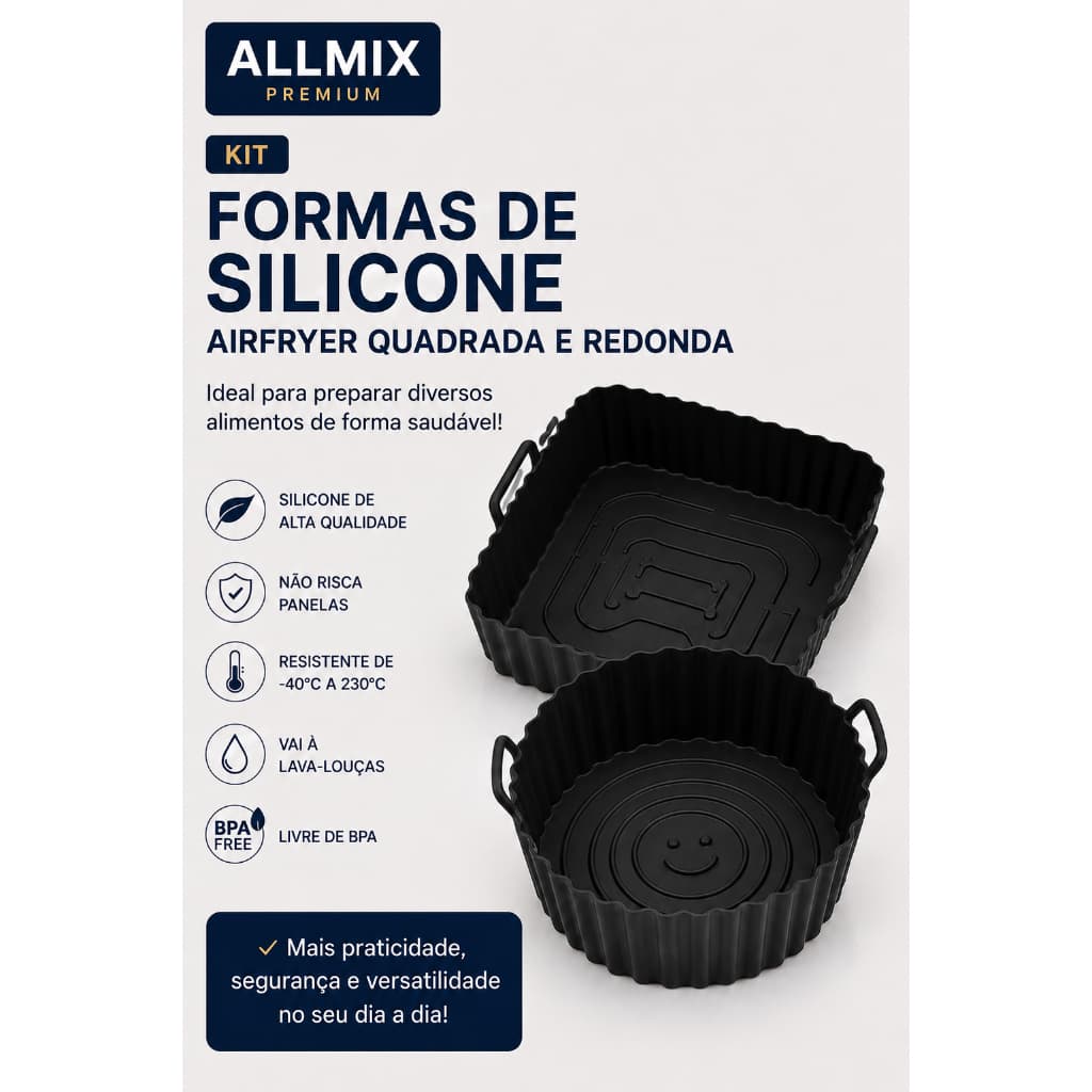 Kit Forma Silicone Airfryer Allmix Redonda e Quadrada (KIT ou Individual)