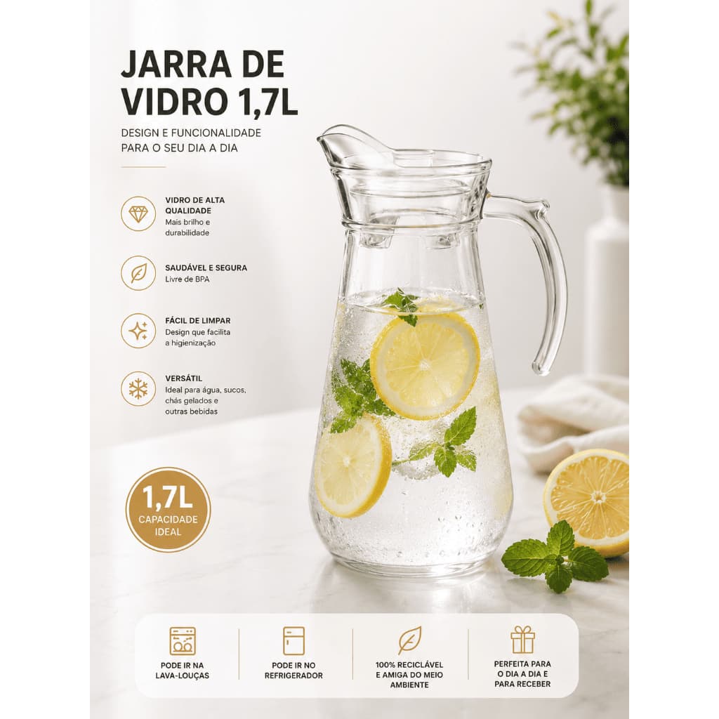 Jarra Garrafa De Vidro Geladeira 1,7 Litros C/ Tampa Diamond