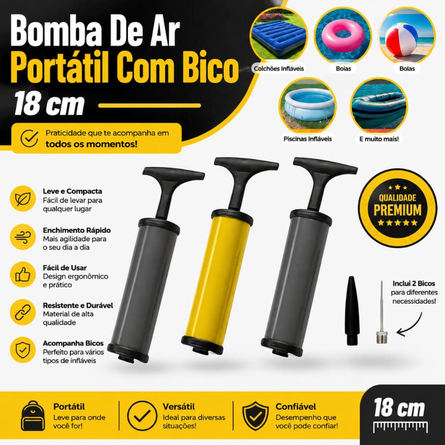 Bomba De Ar Portátil Com Bico 18 cm Inflador Para Encher Bolas Futebol Vôlei E Basquete