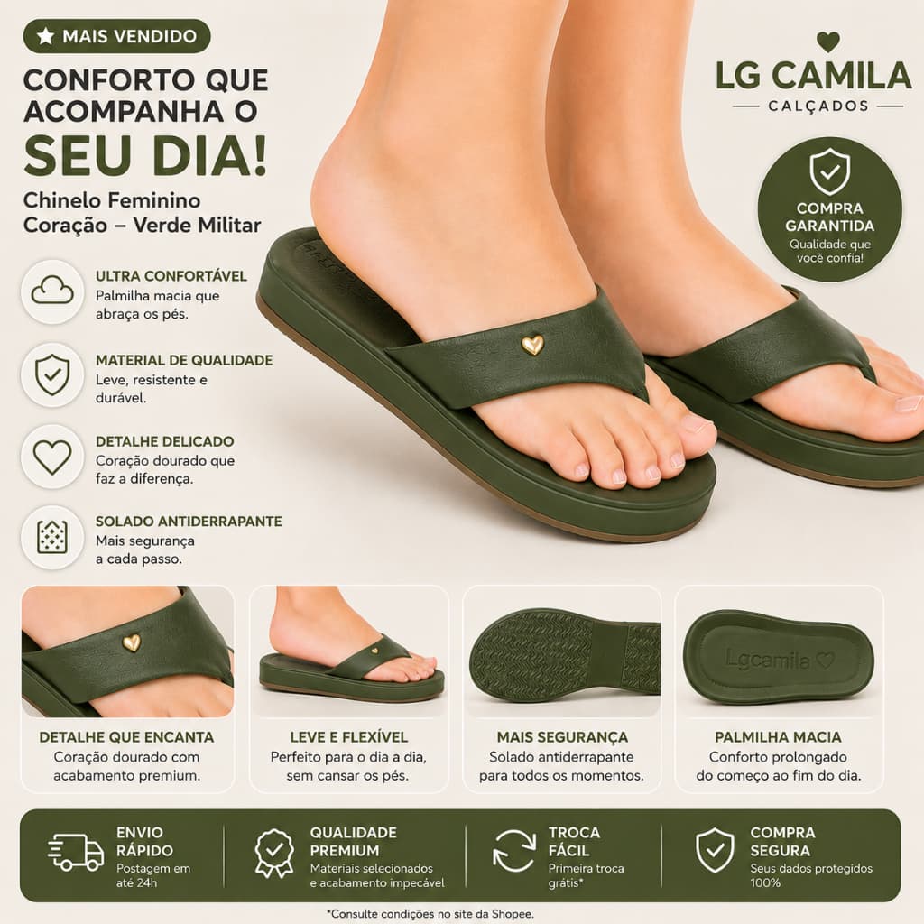 Chinelo Feminino Casual FlatForm Verde Militar Chinelo de Dedo