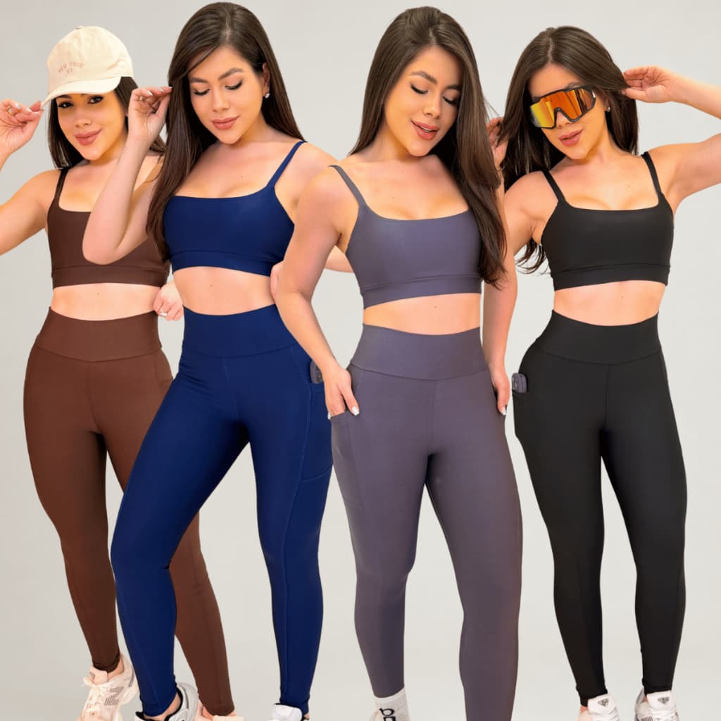 Conjunto Fitness Feminino Top Alcinha e Calça Legging Com Bolso Cintura Alta Cós Alto
