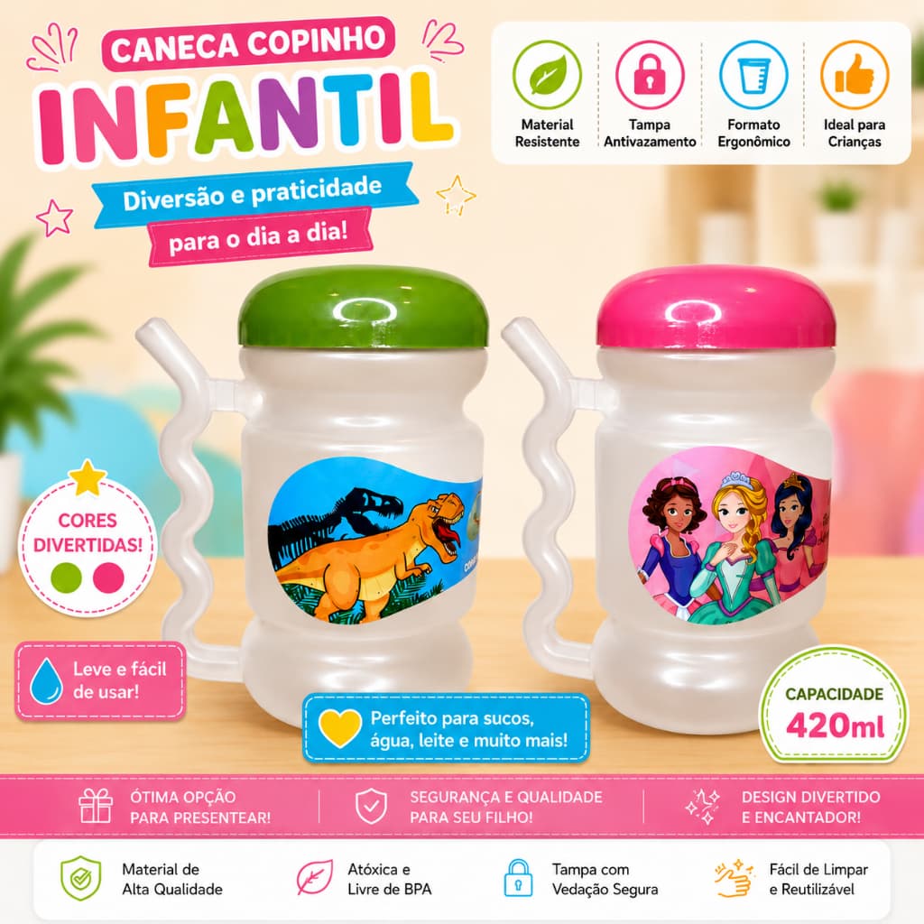 Copo Escolar Canudo Rosa Com Tampa e Alça Copo Dinossauro E Copo Princesa Rosa Criança 420ml