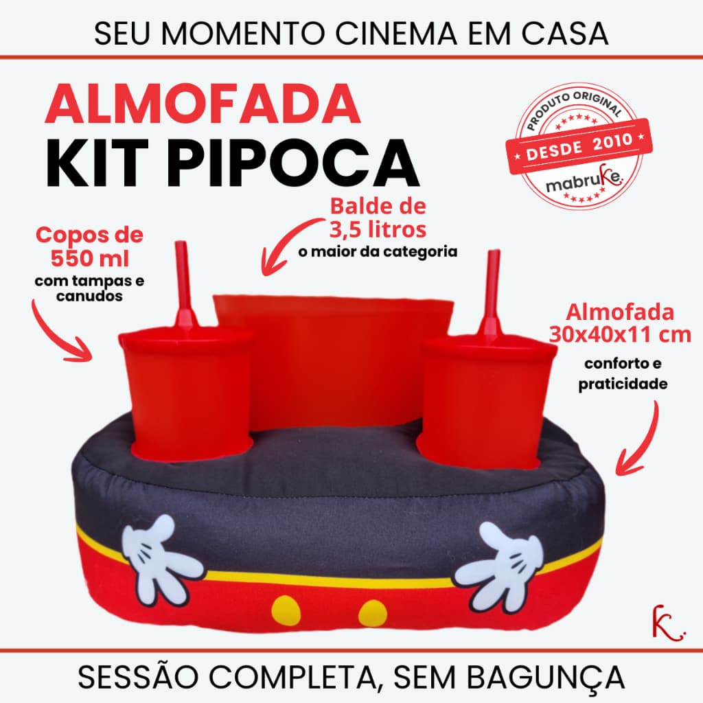 Almofada Porta Pipoca + Balde 3,5 l + 2 copos 550 ml MICKEY