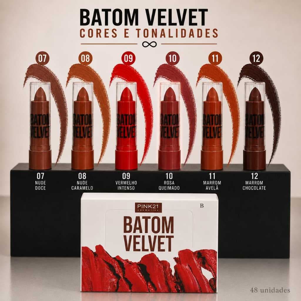 Box /48 Unidades Batom Matte Velvet Luxe Pink2 Alta Pigmentação, Hidratação e Acabamento Natural