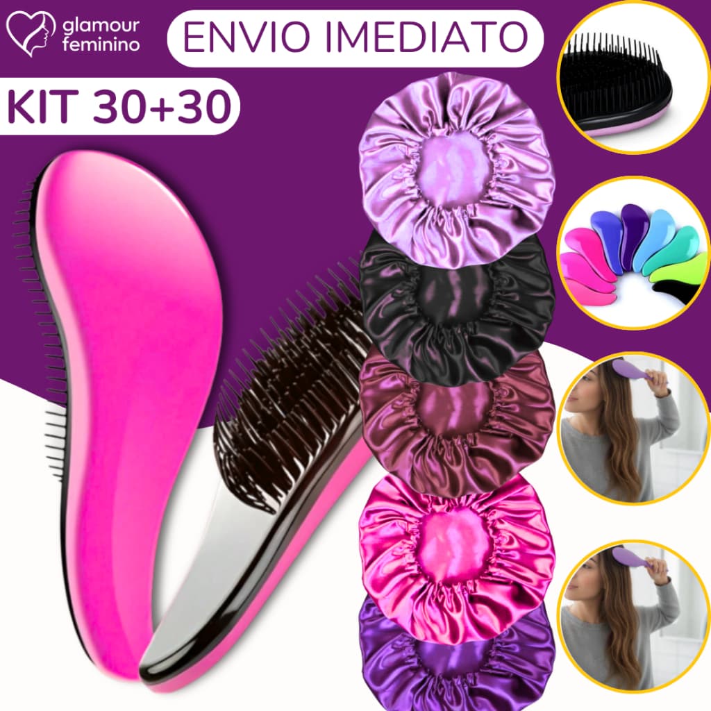 Kit 60 - Kit 30 Touca De Cetim + Kit 30 Escovas Mágicas pra cabelo - Anti Frizz - De Desembaraçar Cabelo