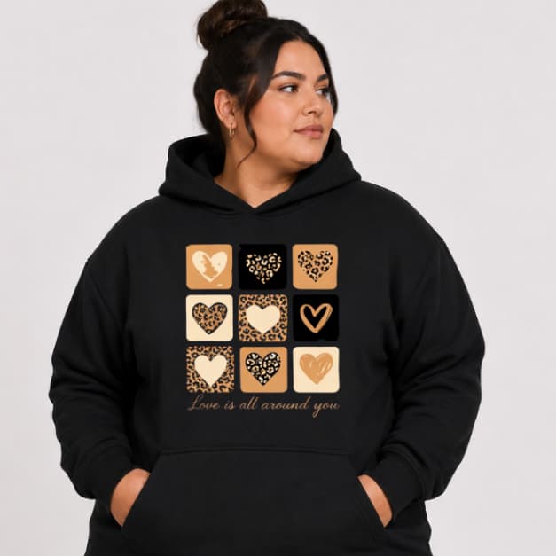 Blusa de Frio Moletom Feminina Corações Moletom Bolso Canguru e Capuz Flanelado Tecido Algodão