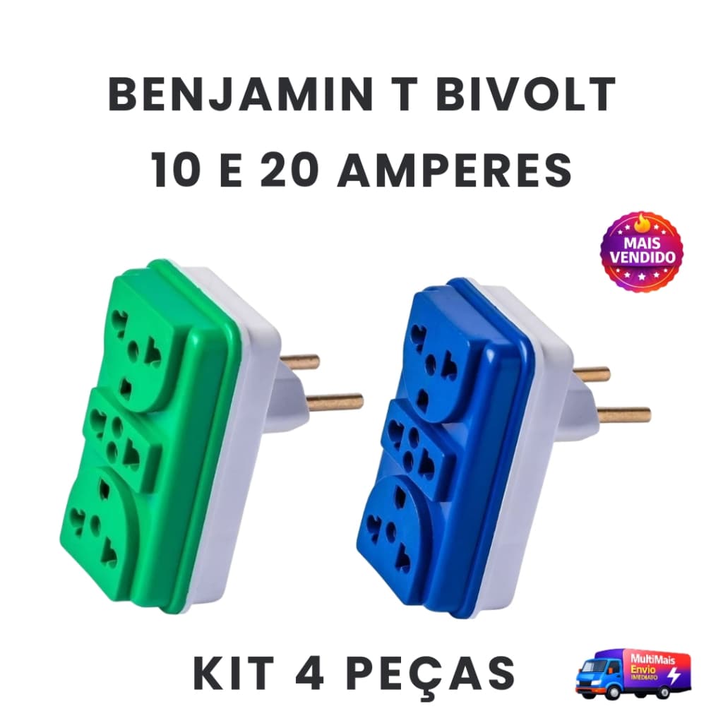 Adaptador Tomada T Benjamin KIT 4 Peças 3 Entradas Bivolt 10A 20A 3 Pinos Multiplicador Energia