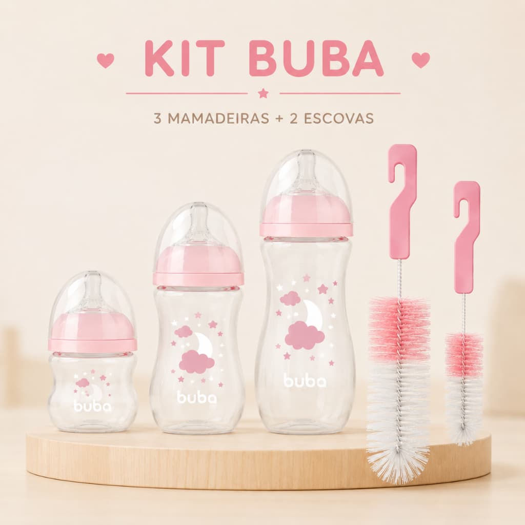 Kit 3 Mamadeiras Buba Bico Anticólica e Escova de Mamadeira