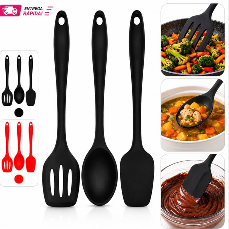 Kit 2 ou 3 Utensílios de Silicone Completo Resistente Colher de Arroz Espátulas Para Bolo Chocolate Doces