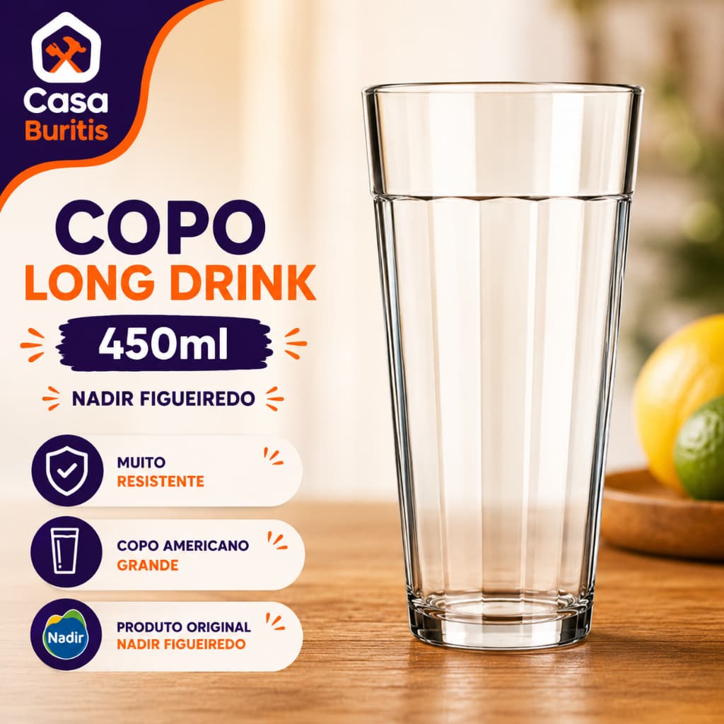 Copo De Vidro Americano 450Ml Kit Copo Long Drink Copo De Vidro Grande Nadir Figueiredo 450ml
