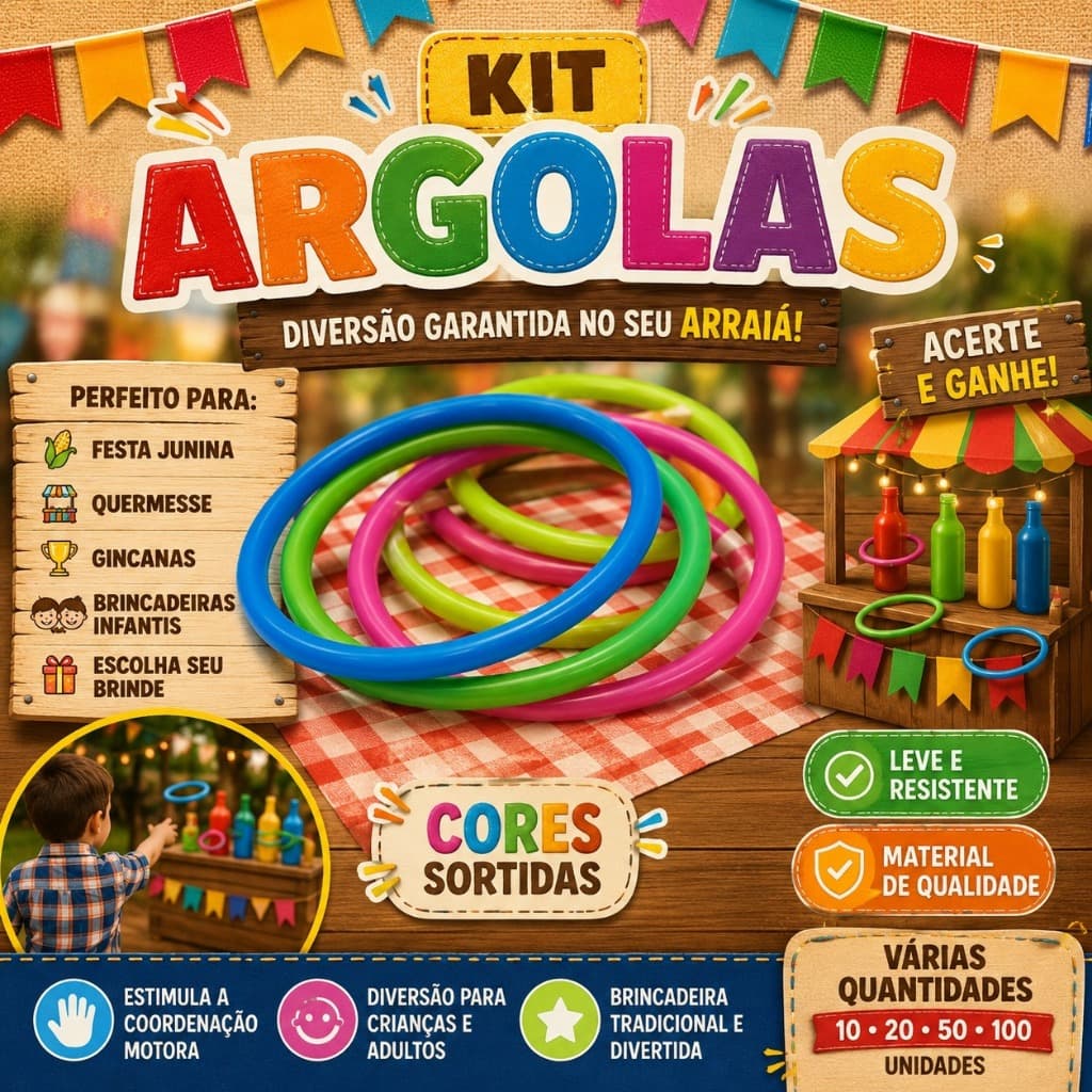 Kit 10/20/30/50/100 Argolas Coloridas Jogo de Argolas Festa Junina Quermesse Prendas Infantil