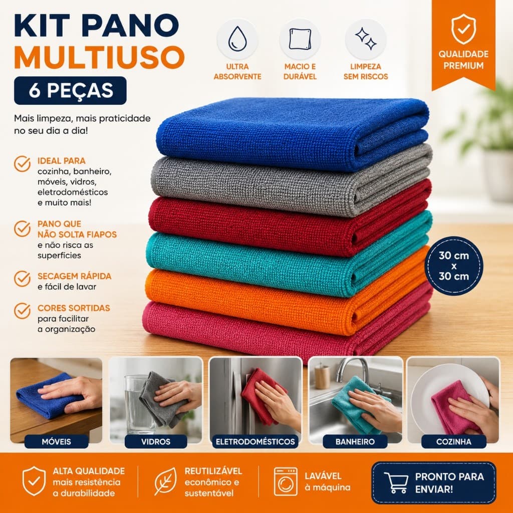 KIT COM 6 PANOS MULTIUSO EM MICROFIBRA 30X30 CM