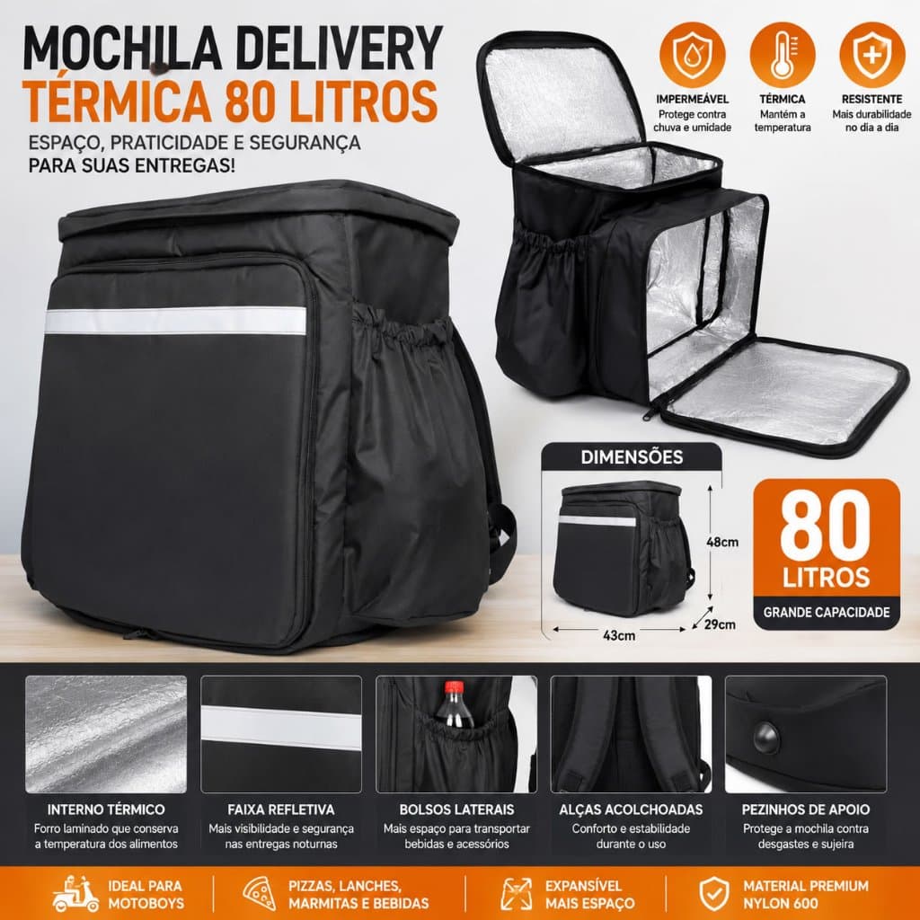 Mochila Delivery 80L Expansiva Térmica Impermeável Motoboy Pizza Bag Ifood Uber Entrega App Food