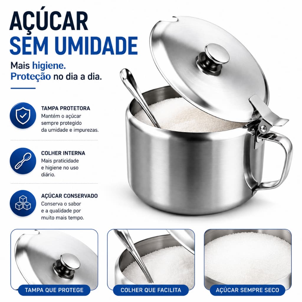 Açucareiro Inox Com Tampa e Colher 240ml Pequeno Para Açucar Condimento Cantinho do Café Restaurante Cozinha