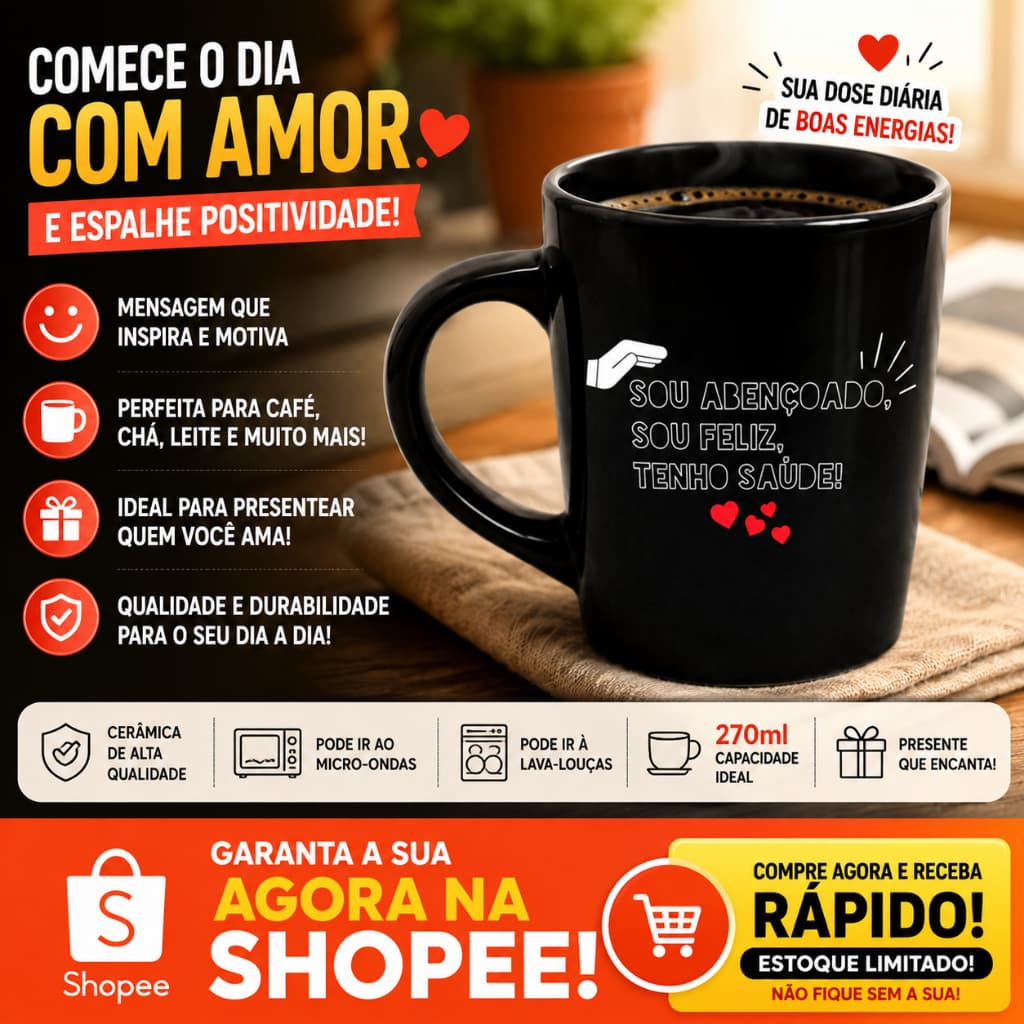 ☕ Caneca de Porcelana 270ml – Comece Seu Dia com Mais Alegria e Motivação ✨
