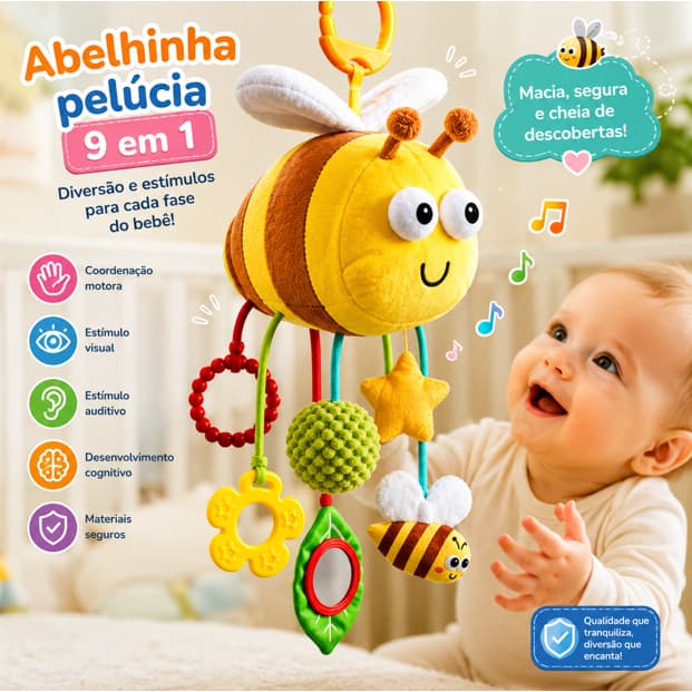 Mobile Abelhinha Pelúcia 9 em 1 com Chocalho Mordedor Espelho - Brinquedo Sensorial Crianças e Bebês