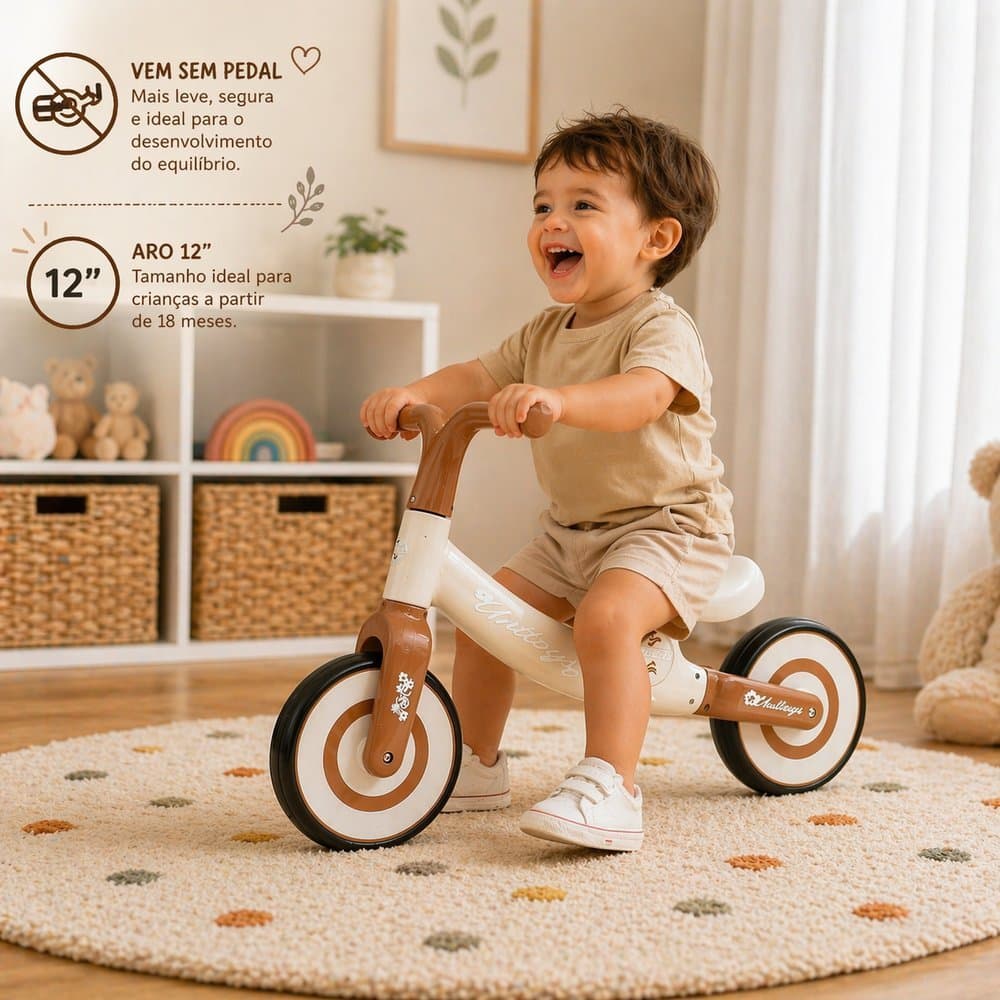 Bicicleta Bike Infantil Bege Educativa Sem Pedal Unitoys Para Estímulo De Equilíbrio E Coordenação Até 25 Kg