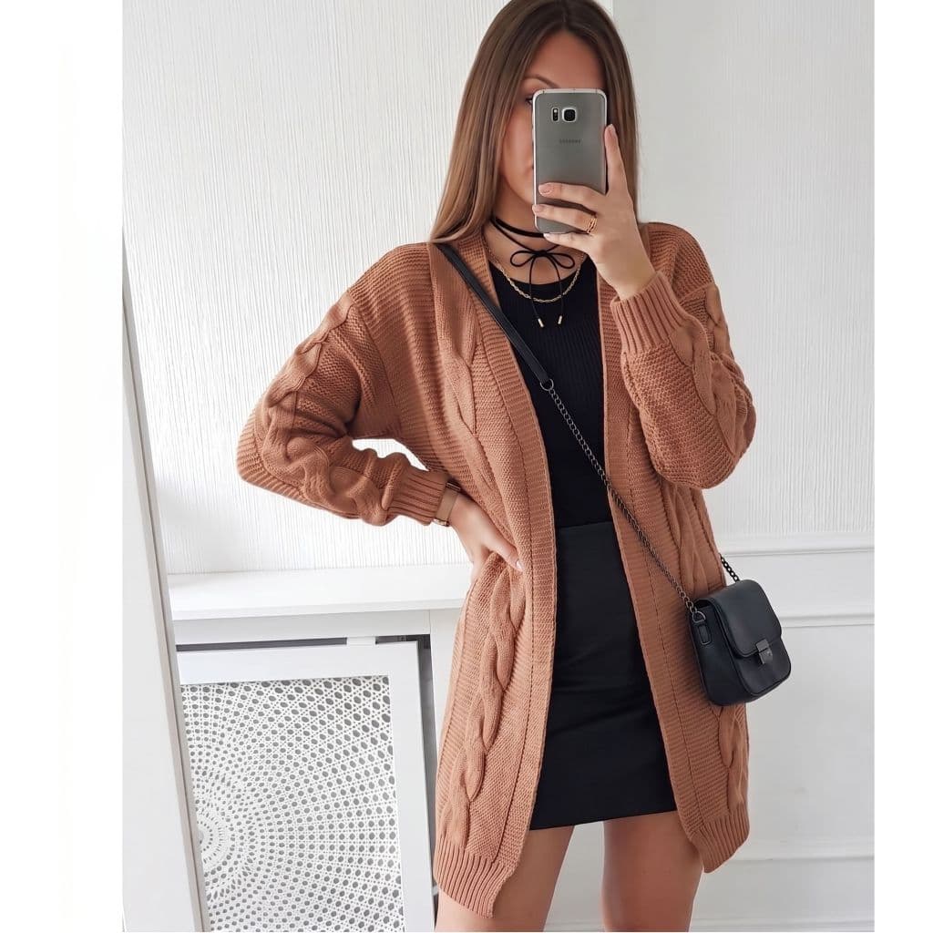 Casaco Feminino CARDIGAN Sobretudo Alongado em Tricô Tecido Grosso Trança, Manga Longa de Inverno...