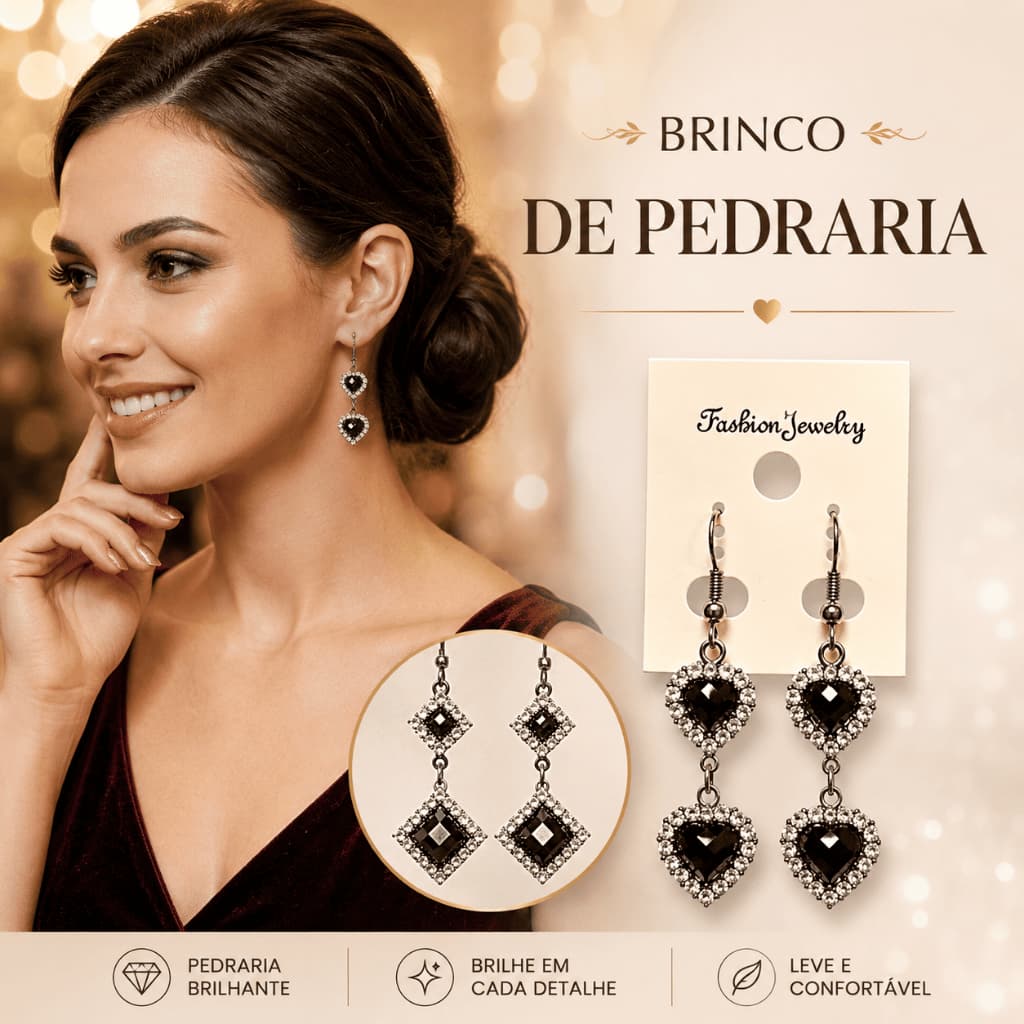 Brinco Feminino de Pedraria Preto Strass Luxo Elegante