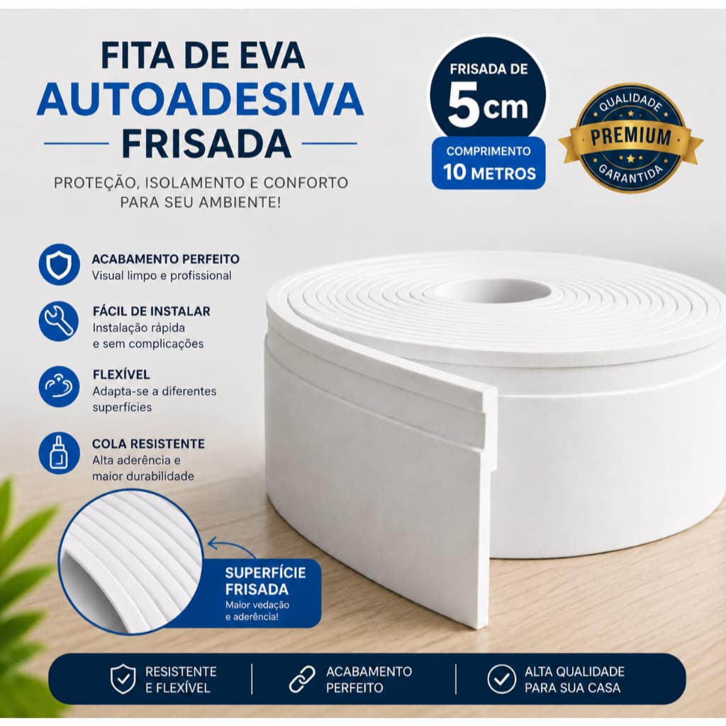 Rodapé de Eva Branco Frisado Autocolante 5mm x 50mm x 10 metros