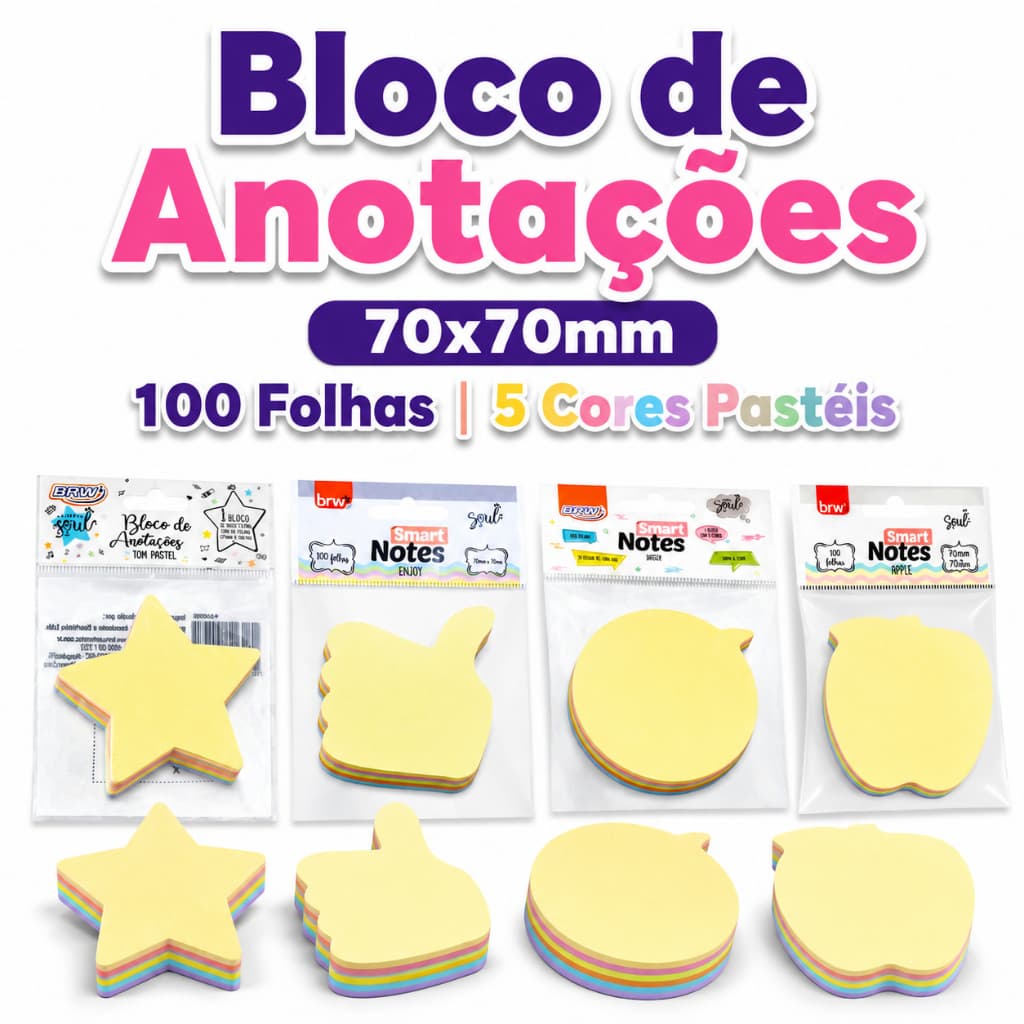 Bloco de Anotações 70x70mm 100 Folhas 5 Cores Pastéis BRW