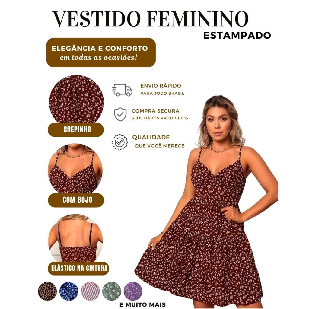 Vestido Feminino Curto Alcinha com Bojo Forrado Crepinho Não Amassa Verão Casual
