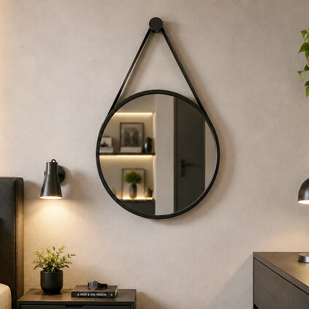 Espelho Decorativo Redondo Adnet com Couro Preto Retrô para Banheiro Quarto Sala C/ Pino Suporte