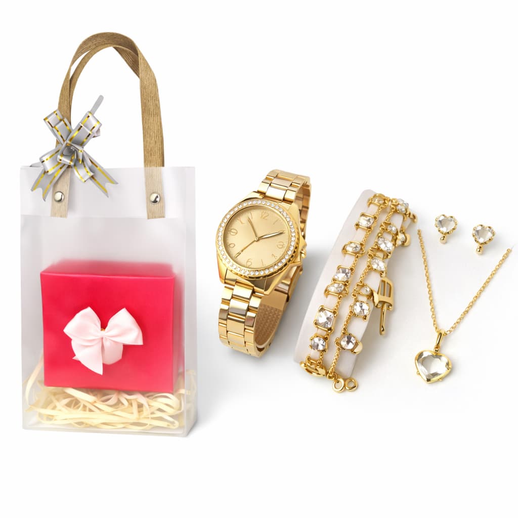 Relógio Feminino Dourado + Colar Brincos Folheado Ouro + Pulseira Com Caixa/ Sacola - Presente dia das Mães, Natal