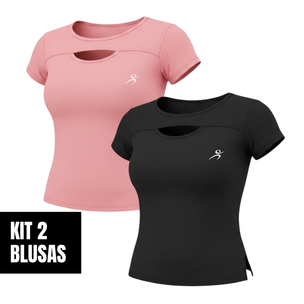 Kit 2 Blusas Feminina Fitness Dry Fit 100% Poliamida Proteção UV Recorte no Busto e Modelagem Justa