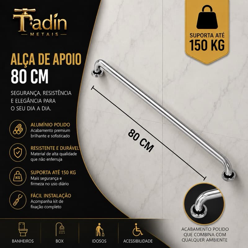 Alça de Apoio 80cm Alumínio Polido Cromado Banheiro Suporta 150kg