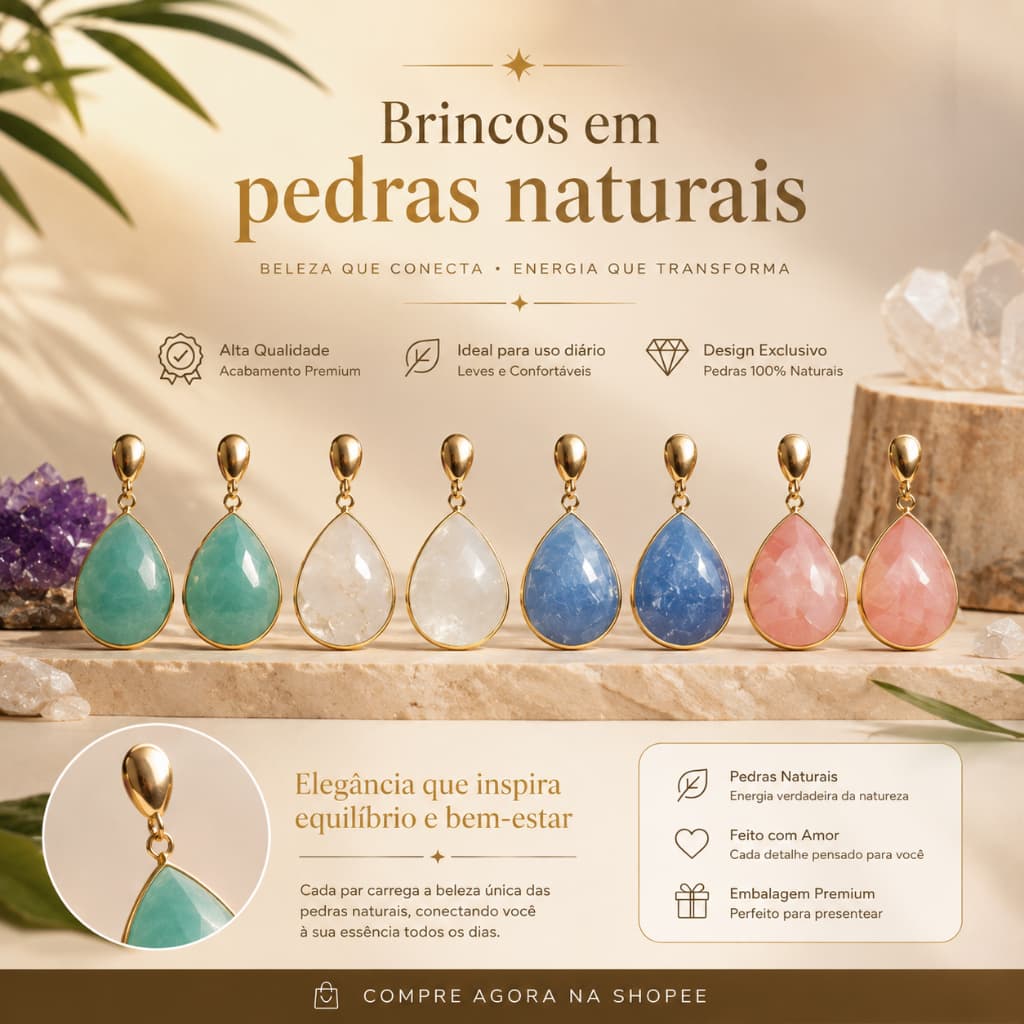 Brinco Gota Pedra Natural Quartzo Canovão Feminino Elegante Versátil