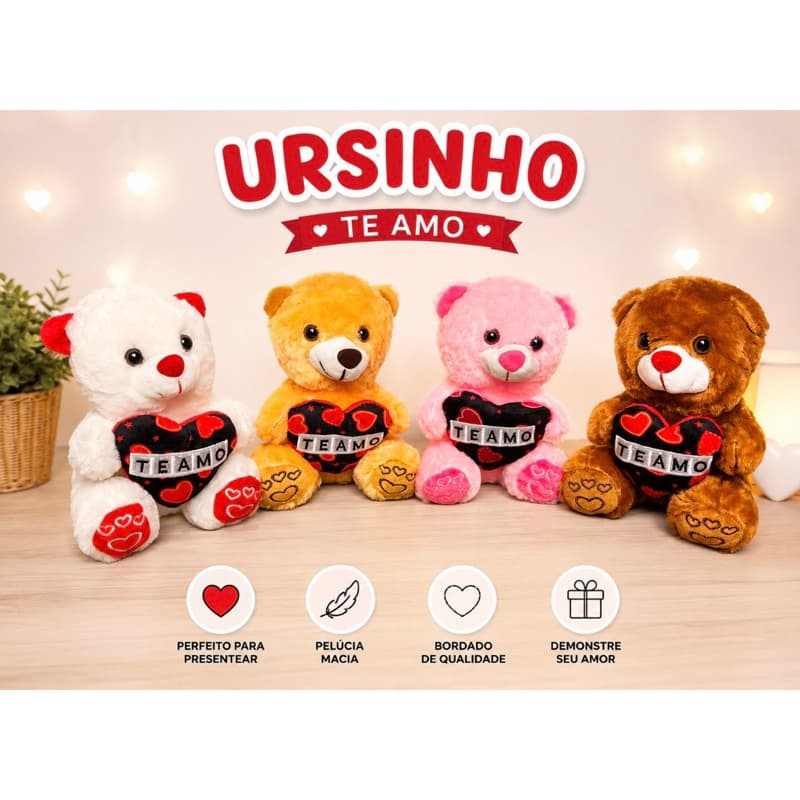 Urso de pelúcia 21 cm Ursinho Peludo Coração Macio Selo Imetro p/ Cestas Presentes  Maquina de Bichinhos