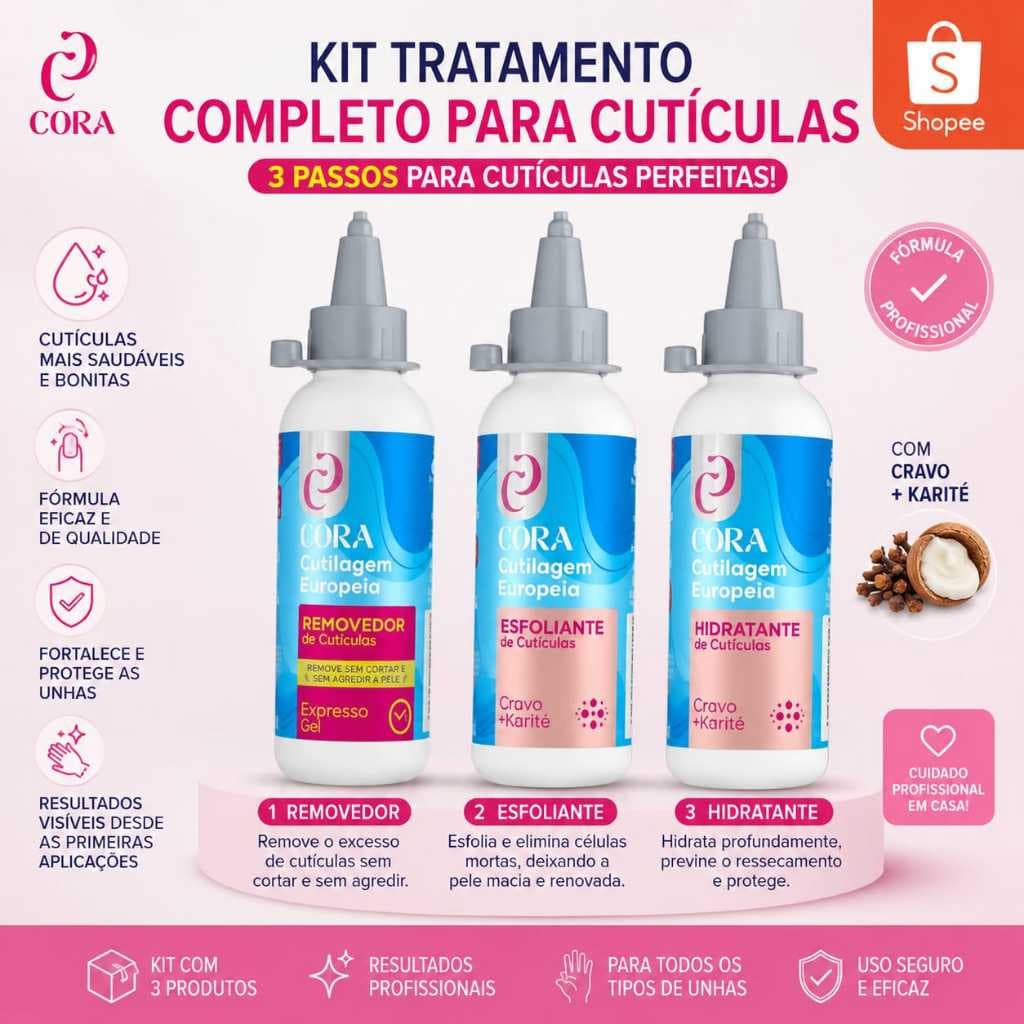 Kit Cutilagem Europeia: Removedor + Esfoliante + Hidratante Manicure Sem Alicate