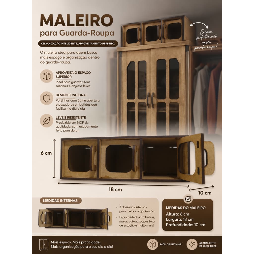 Maleiro Organizador em MDF 3mm para Guarda-Roupa