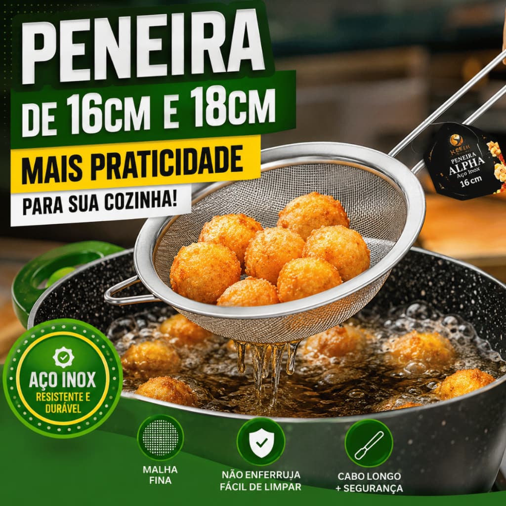 Peneira De Cozinha Inox 16cm e 18cm Malha Fina Coador Farinha Polvilhar Confeitaria Cozinha