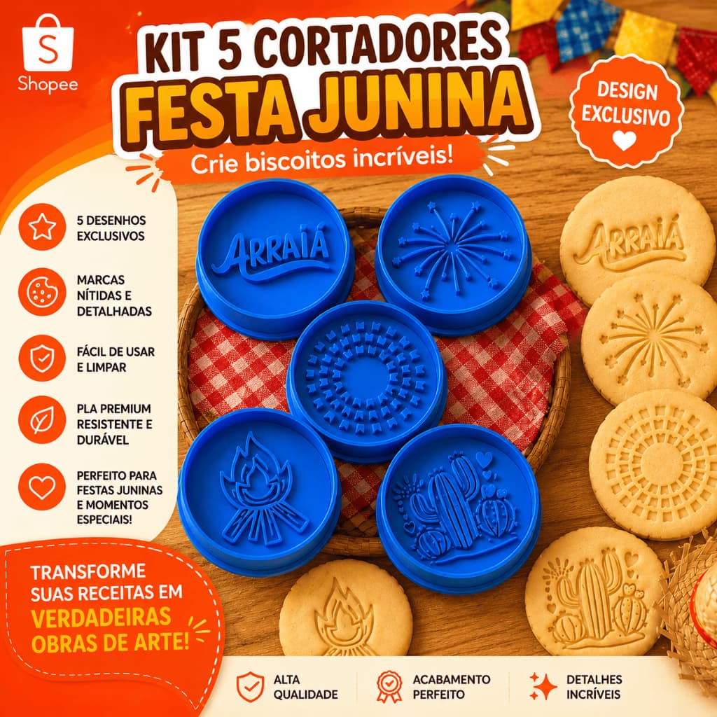 Kit 5 Cortadores de Biscoito Festa Junina | Carimbo para Massa e Cookies | Arraia de festa Junina