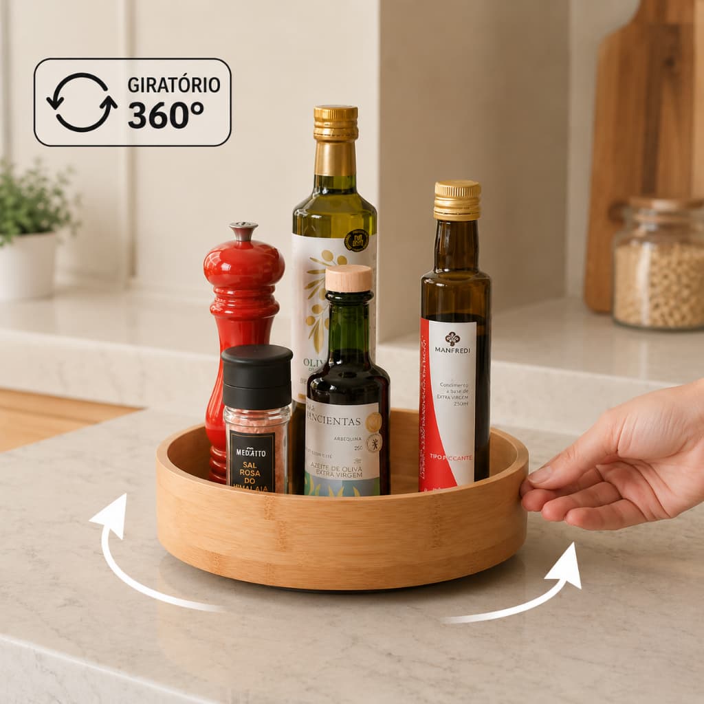 Organizador Giratório Redondo Bambu Alto Multiuso OU 360 ° Premium Cozinha Pia Temperos Armário Maquiagem