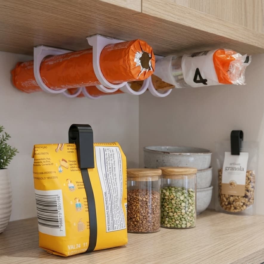 Organizador Cozinha Suporte Rolo Filme PVC + 12 Clips Vedação Embalagem Fecha Facil
