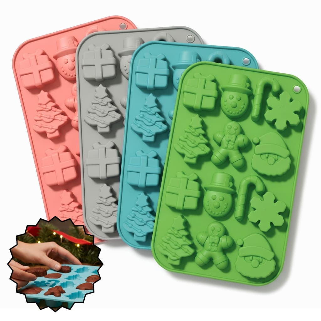 Forma de Silicone, natal, 4 cores, Antiaderente, Flexível - p/Confeitaria, Biscoito, Resistente