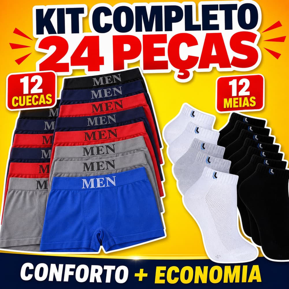 Kit 12 Meias + 12 Cuecas Boxer Adulto 100% Algodão Envio Imediato