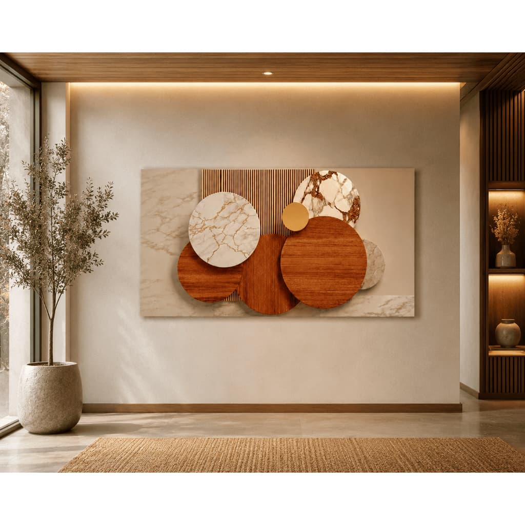 Quadro Decorativo Abstrato Geométrico Madeira e Mármore Luxo Moderno Alto Padrão Luxuoso Sofisticado