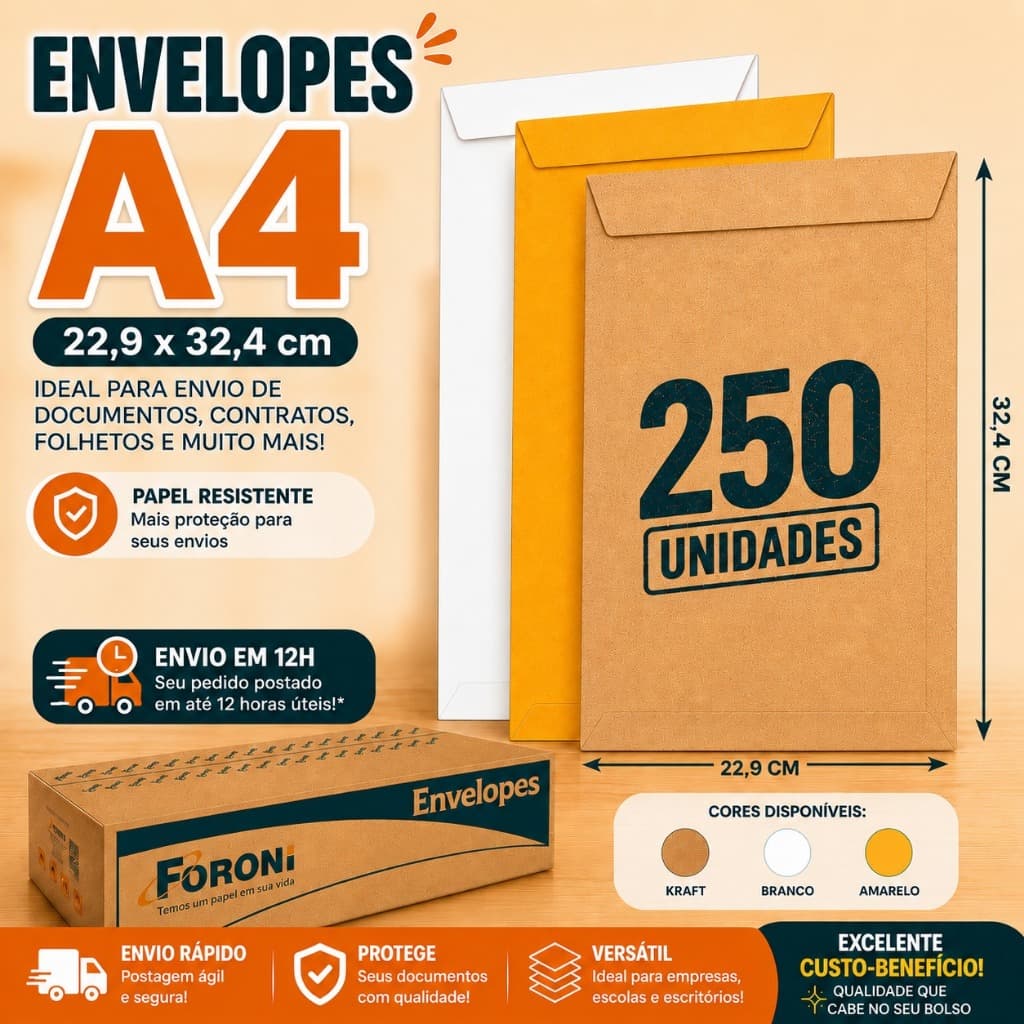 Envelope Saco A4 229x324 Kraft Foroni 250 Unidades Para Documentos A4 Escritório Escolar