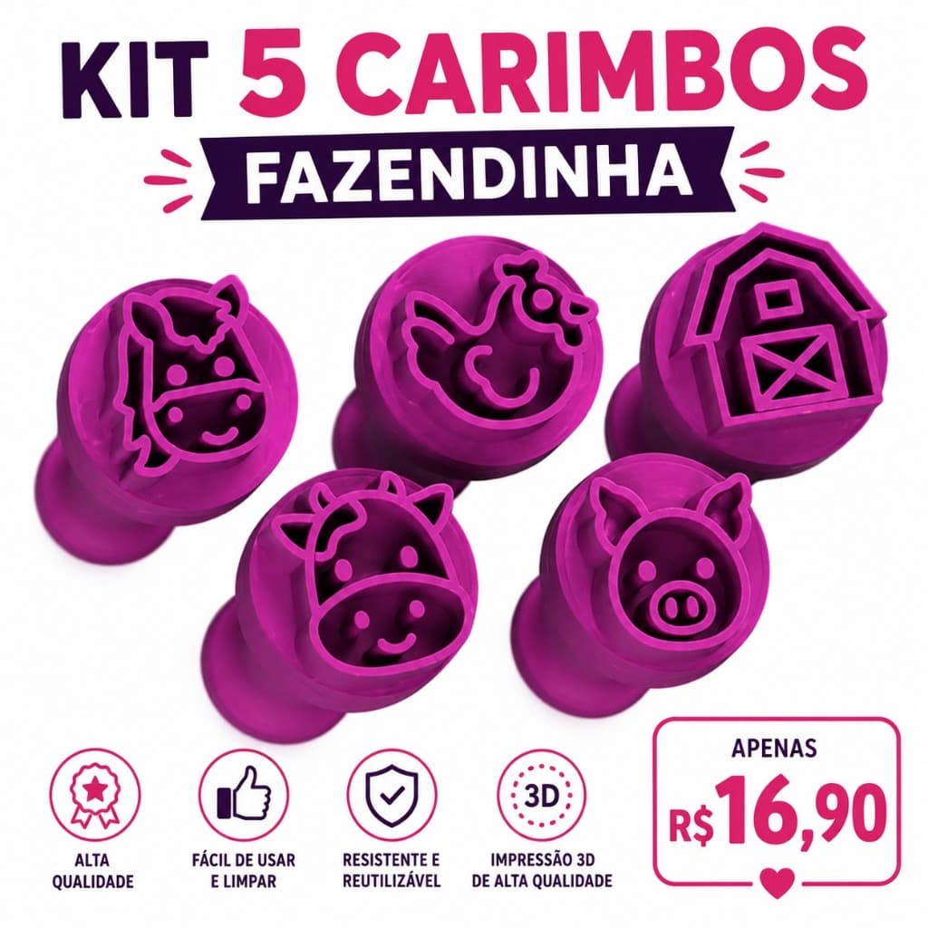 Kit 5 Carimbos Fazendinha para Brigadeiro Docinhos Festa Infantil
