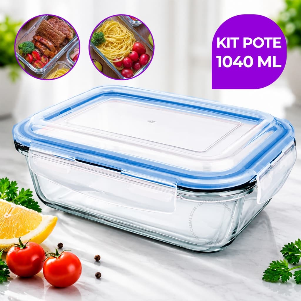 Kit 4 3 2 Potes Herméticos 1040ml Vidro 4 Travas Marmita Transporte Armazenamento Alimentos Premium