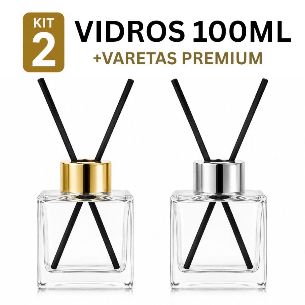 2 Vidros para Difusor de Ambiente Cubo 100ml Tampa Luxo Varetas Fibra Premium