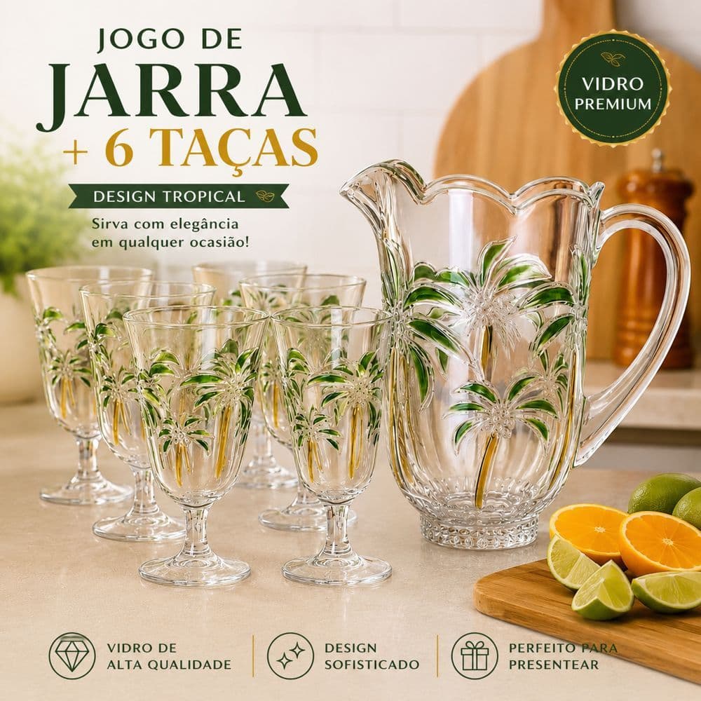 Jogo de Jarra 1500ml + 6 Taças de Vidro Cristal Tropical Elegante 7 Peças