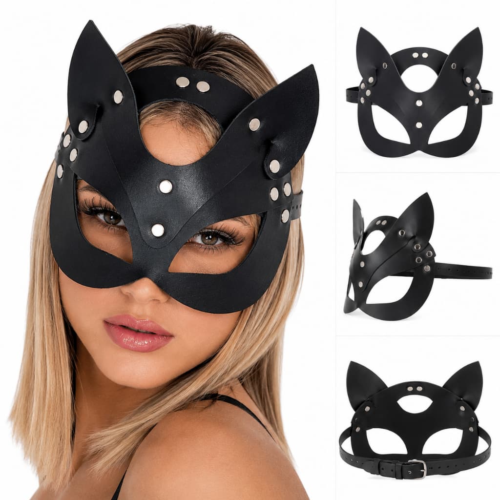 Mascara Mulher Gato Em Couro Com Regulagem de Tamanho Fantasia Cosplay Sex