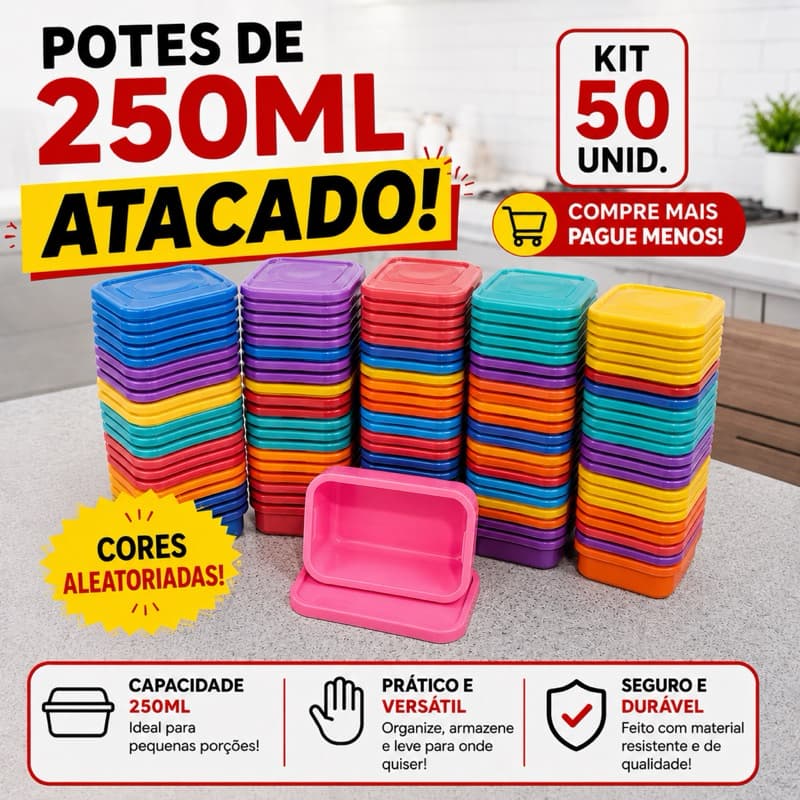 Kit 50 Potes Plástico 250ml Com Tampa | Molde de Sabão | Temperos | Molhos | Pequenas Porções