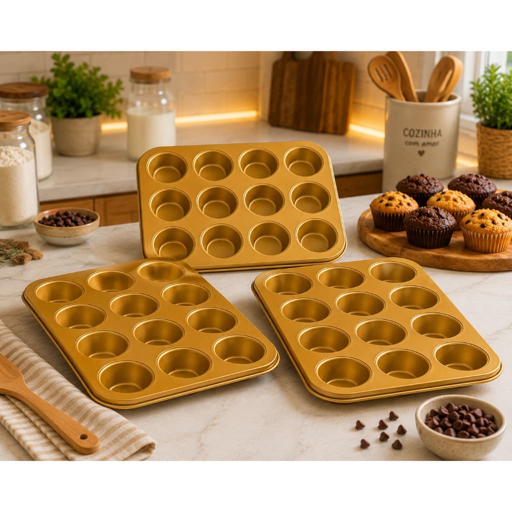 Forma de Cupcake Muffin 12 Ou 6 Cavidades Antiaderente Dourada Assadeira Pão de Queijo Bolo Forno
