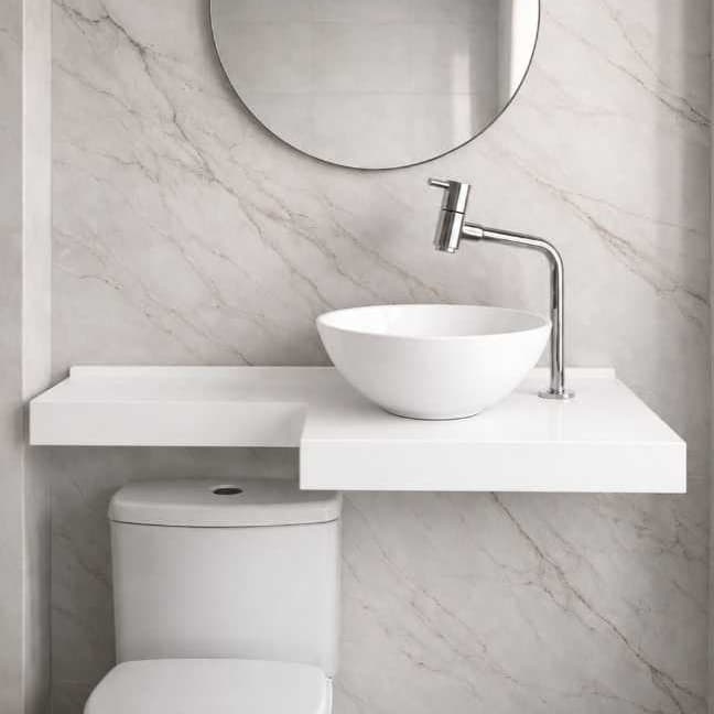 BANCADA EM L 35X93CM C/ CUBA SOBREPOR 30CM BRANCO / PIA EM MÁRMORE SINTÉTICO / ACOMPANHA VÁLVULA / LAVABO